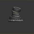 Car Tires Stacked in Pyramid Shape with Various Sizes and Worn Tread Patterns