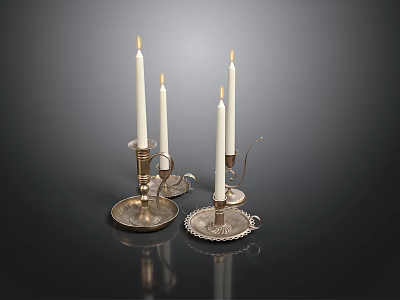 Lit White Candles On Decorative Metal Candle Holders With Intricate Patterns 3d model