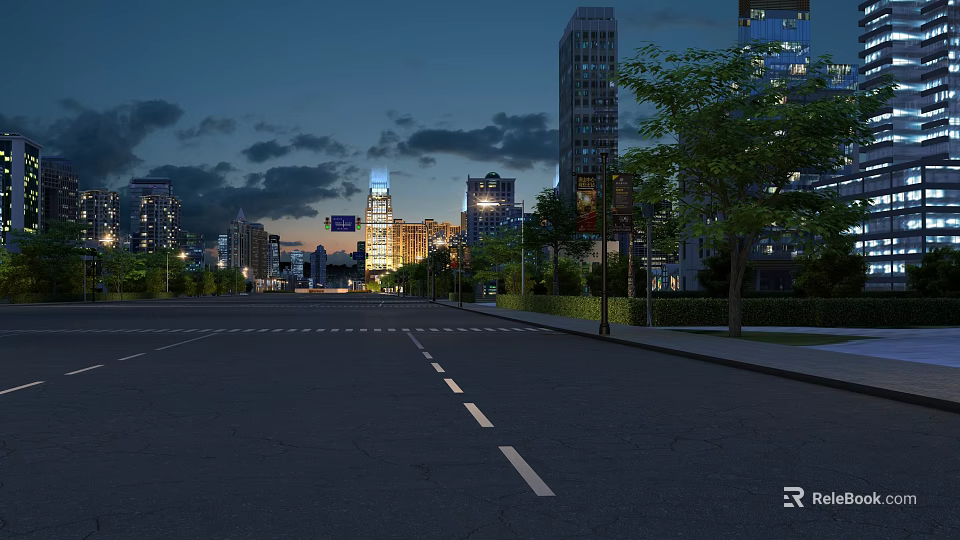 Road Infrastructure in Urban Night View With Street Lights Road Markings and Tall Buildings 3d model 
