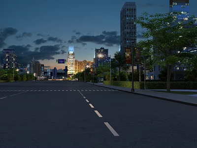 Road Infrastructure in Urban Night View With Street Lights Road Markings and Tall Buildings 3d model