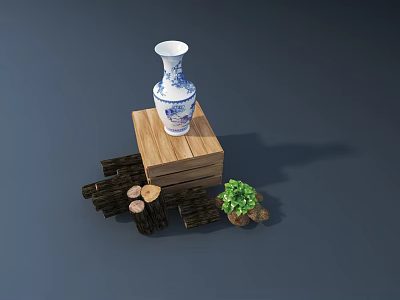 Blue and White Ceramic Vase Placed on Wooden Box with Wooden Pieces and Green Plant 3d model