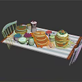 Delicious Pancakes with Berries Maple Syrup on Breakfast Table with Coffee Pot and Fruits