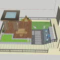 Rooftop Courtyard Garden With Pavilion Blooming Trees Stone Path And Relaxing People