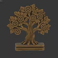 Decorative Tree Sculpture Carving With Coin Motifs On Leaves And Square Base