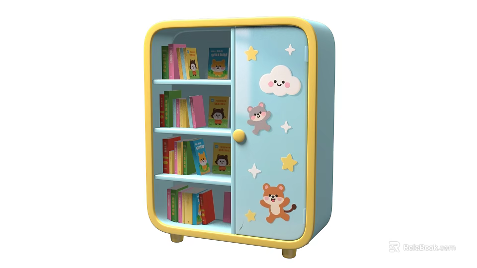 Colorful Kids Bookshelf With Blue Yellow Frame And Cartoon Bear Cloud Star Decor 3d model 