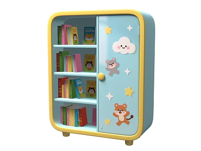 Colorful Kids Bookshelf With Blue Yellow Frame And Cartoon Bear Cloud Star Decor 3d model