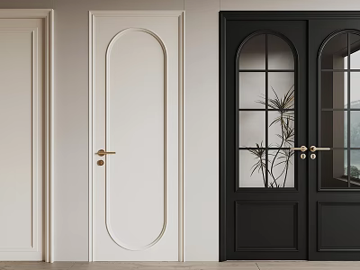Interior Hinged Doors In Beige White Black With Arched Top Glass Panes And Golden Handles 3d model