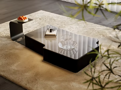 Modern Coffee Table With Glass Top And Black Frame On Beige Rug 3d model