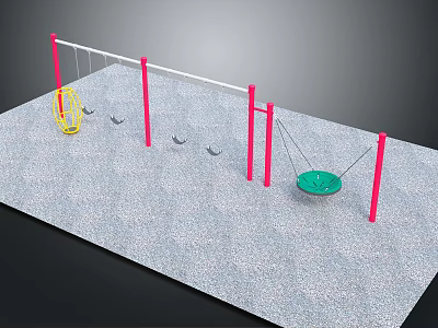 Playground Equipment Featuring Red Frames Yellow Green Swing Seats On Gray Playground Surface 3d model