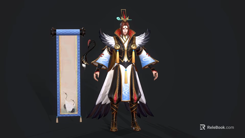 Game Movie Character With Ornate Robes Feathered Wings Wearing Decorative Crown Standing Beside Ancient Scroll 3d model 