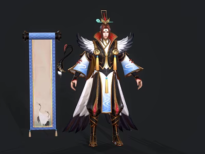 Game Movie Character With Ornate Robes Feathered Wings Wearing Decorative Crown Standing Beside Ancient Scroll 3d model