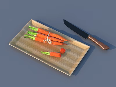 Fresh Carrots Tied with String on Bamboo Tray with Kitchen Knife and Pieces 3d model