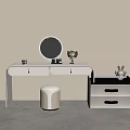Modern Light Colored Dressing Table With Round Mirror Stool And Drawer Cabinet 3d model