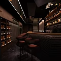 Modern Bar Interior With Sleek Counter Stools Shelves Displaying Liquor Bottles And Green Plants