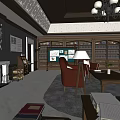 Traditional Office Interior With Wooden Bookshelves Stacked Books Large Desk And Floor Lamp