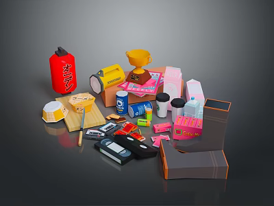 Collection of Various Everyday Objects Including Colored Containers Electronics Accessories and Stationery 3d model