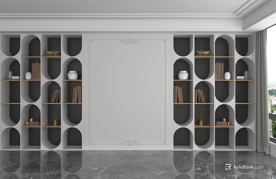 Modern Elegant Shelving Unit With Multiple Compartments Books And Decorative Items On Marble Floor 3d model
