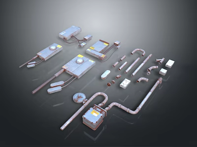Detailed Industrial Mechanical Parts 3D Models With Pipes Valves And Control Boxes 3d model