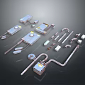 Detailed Industrial Mechanical Parts 3D Models With Pipes Valves And Control Boxes