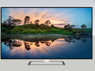 Modern Flat Screen TV Displaying Scenic Sunset Lake Reflection With Trees And Hills 3d model