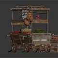 Traditional Wooden Food Cart With Fresh Fruits Vegetables Hanging Garlic And Clay Pots