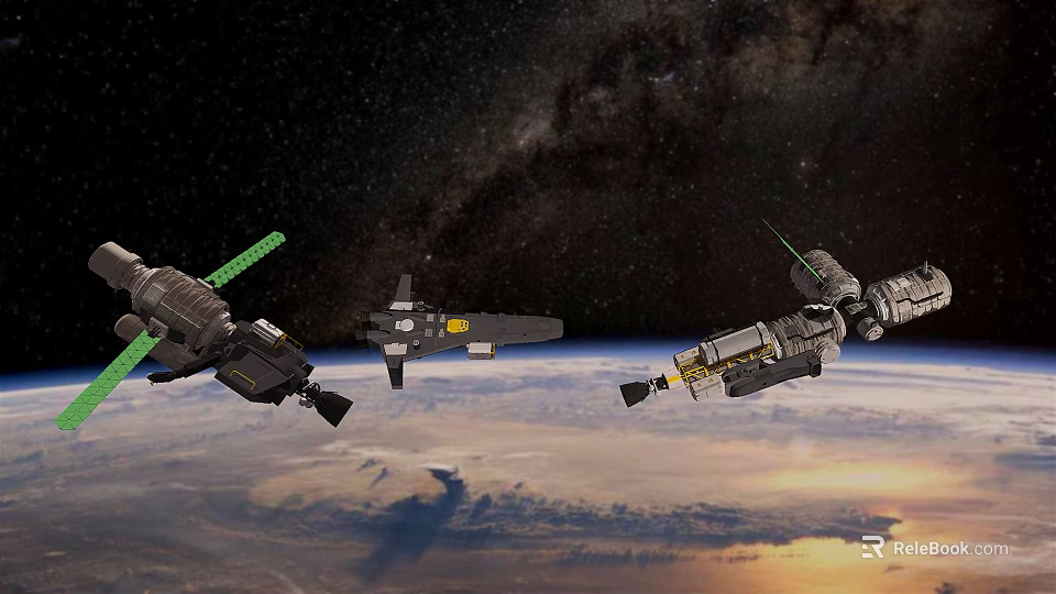 Three Spacecraft Orbiting Above Earth With Starry Space And Cloudy Surface 3d model 