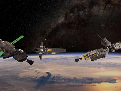 Three Spacecraft Orbiting Above Earth With Starry Space And Cloudy Surface 3d model