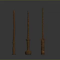Three Ancient Wooden Weapons With Decorative Handles And Long Shafts