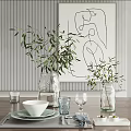 Modern Tableware Set with White Bowl Plates Wine Glasses and Olive Branches in Glass Vases