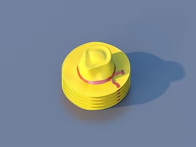 Yellow Sun Hats Stacked Together With Pink Ribbon Trim For Summer Wear 3d model