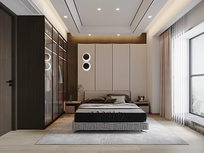 Modern Bedroom Interior With Minimalist Headboard Wall Glass Door Wardrobe And Ceiling Lights 3d model