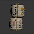 White Rope Wrapped Japanese Sake Bottles With Traditional Patterns And Characters On Dark Reflective Background