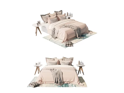 Cozy Double Bed With Pink Sheets Multiple Pillows Bedside Tables And Table Lamps On Rug 3d model