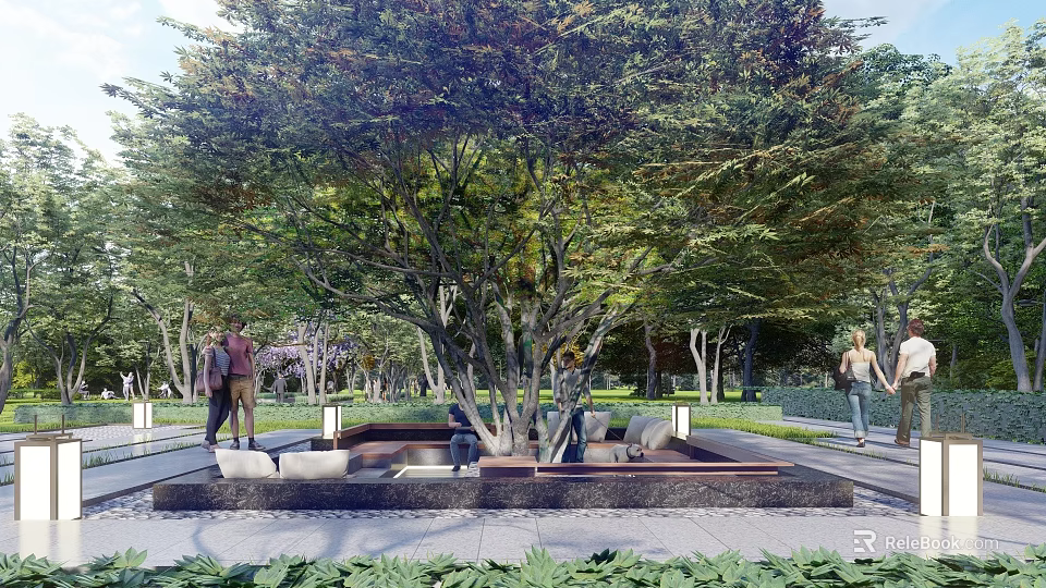 Scenic Feature Wall in Park Area with Large Trees Stone Platform Seating and People 3d model 