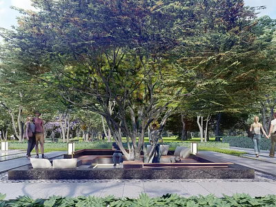 Scenic Feature Wall in Park Area with Large Trees Stone Platform Seating and People 3d model