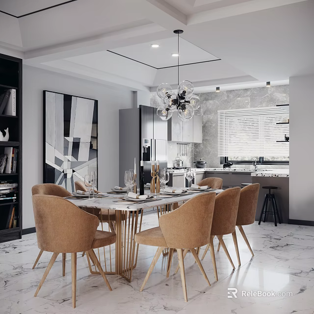 Modern Restaurant Interior With Round Dining Table Beige Chairs And Chandelier 3d model