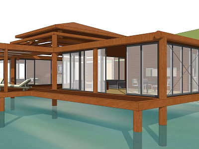 Waterfront Detached Villa With Wooden Structure Large Glass Windows And Elevated Deck 3d model