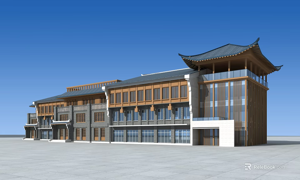 Traditional And Modern Commercial Complex With Chinese Style Roof Wooden Exterior And Large Glass Windows 3d model 