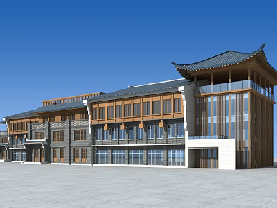Traditional And Modern Commercial Complex With Chinese Style Roof Wooden Exterior And Large Glass Windows 3d model