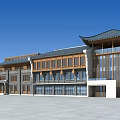 Traditional And Modern Commercial Complex With Chinese Style Roof Wooden Exterior And Large Glass Windows