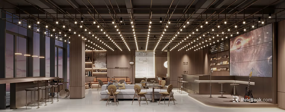 Modern Bar Interior Design With Hanging Lights Wooden Panels And Cozy Sofa Seats 3d model 