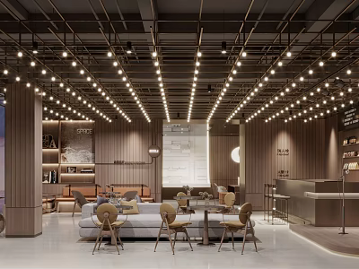 Modern Bar Interior Design With Hanging Lights Wooden Panels And Cozy Sofa Seats 3d model