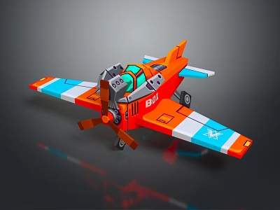 Colorful Toy Airplane Model E601 With Building Block Design Orange Blue White Propeller 3d model