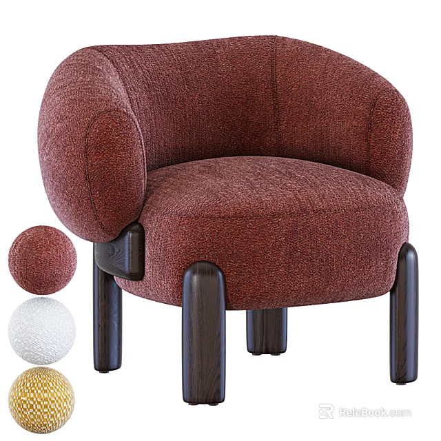 Crimson Fabric Single Sofa With Curved Arms And Dark Wooden Legs Design 3d model 