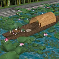 Peaceful Waterside Landscape With Lotus Leaves Pink Flowers Small Boat And Tea Set