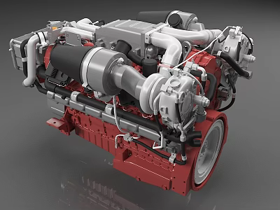 Detailed Industrial Engine With Turbocharger Red Base Metal Pipes And Mechanical Components 3d model