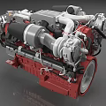 Detailed Industrial Engine With Turbocharger Red Base Metal Pipes And Mechanical Components