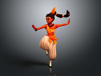 Dancing Girl Character In Orange Top White Pants With Colorful Hair Decorations 3d model