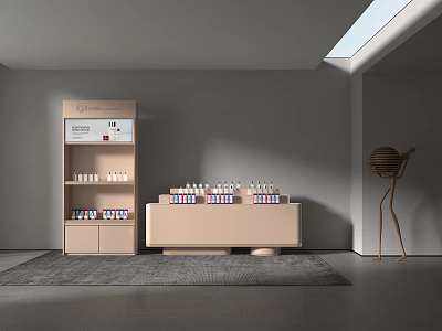 Modern Beige Display Shelves With Cosmetic Bottles In Bright Showroom Interior 3d model