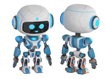 Smart Robot With White And Blue Design Glowing Blue Eyes Cute Front And Back Views 3d model